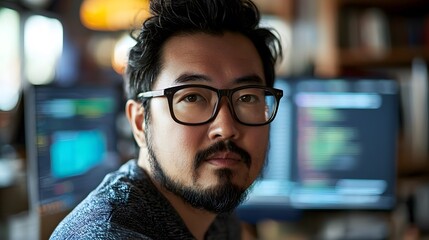 Fototapeta premium Daily coding session at dual monitors in office. Asian male developer portrait. Programmers Day