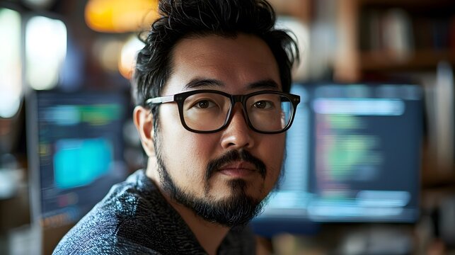 Daily coding session at dual monitors in office. Asian male developer portrait. Programmers Day