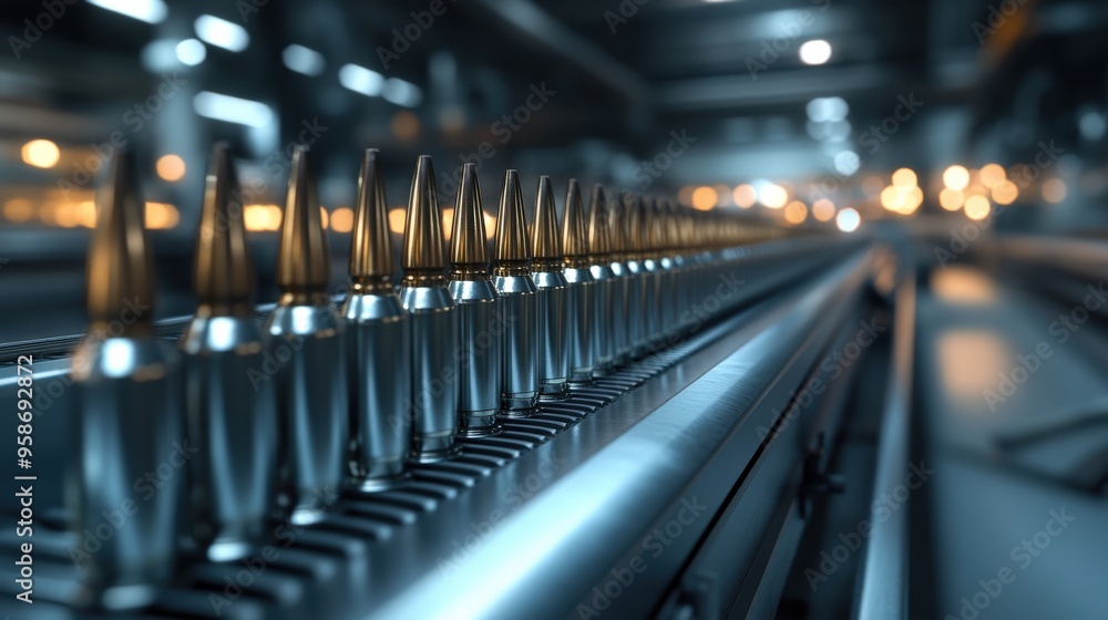 Poster silver bullets are lined up neatly on a conveyor belt within a manufacturing facility, demonstrating