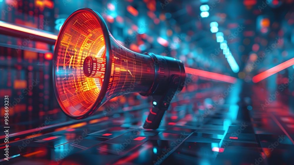 Poster futuristic megaphone with digital displays and led lights symbolizing advanced communication technol