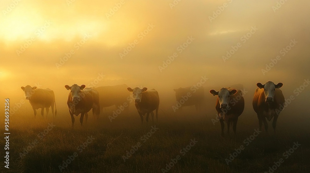 Wall mural cows in the mist at sunrise