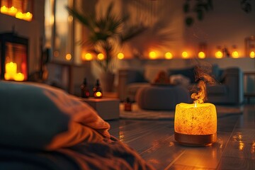 A candle is lit in a living room with a blanket on the floor