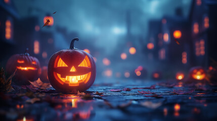 Fototapeta premium Halloween pumpkins and bats in a spooky forest.