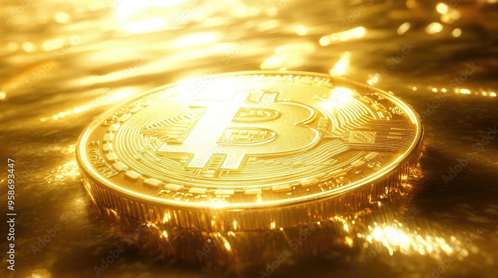 Aufkleber glowing bitcoin coin on a golden surface, symbolizing digital currency and investment in cryptocurre