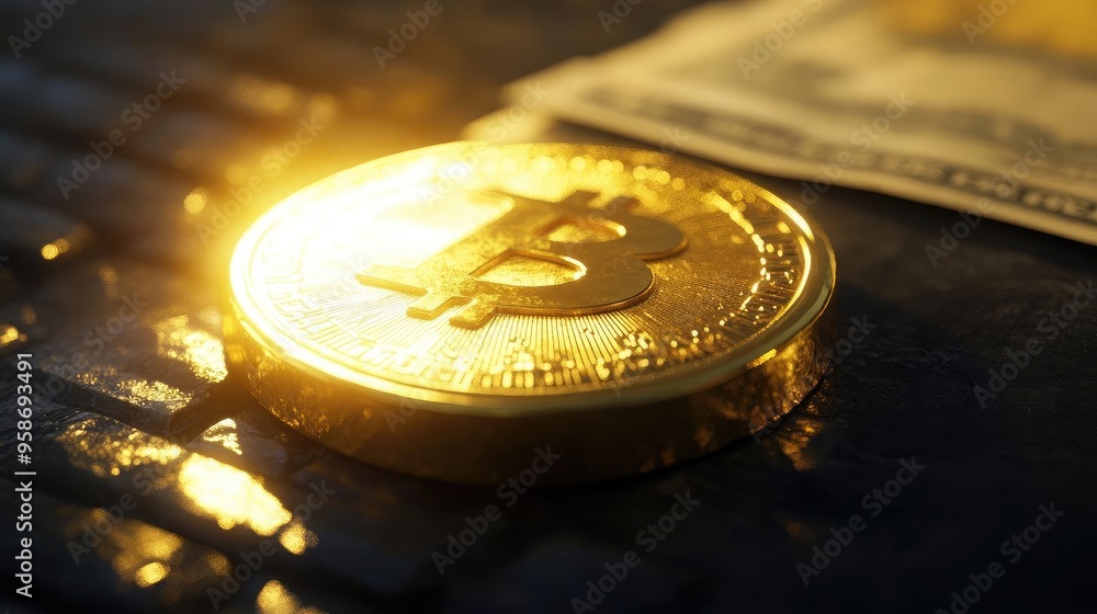 Aufkleber shiny bitcoin coin placed on a textured surface next to a dollar bill, symbolizing cryptocurrency an