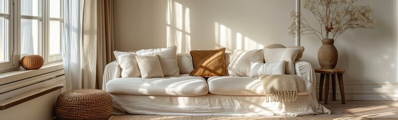 Couch with pillows and a vase on the table, banner, copy space