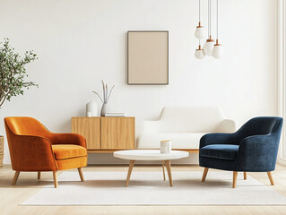 A living room with a minimalist, armchair mid century modern interior and Scandinavian interior combination. Generative AI
