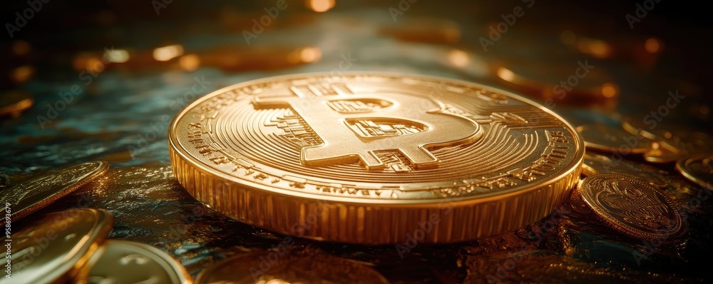 Aufkleber Close-up of a Bitcoin coin resting on a reflective surface, showcasing its intricate design and shining gold finish.