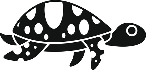 Simple vector icon of a black sea turtle with white spots swimming to the right