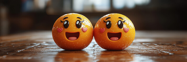 Two cute orange emojis with hearts on their cheeks, looking at each other.