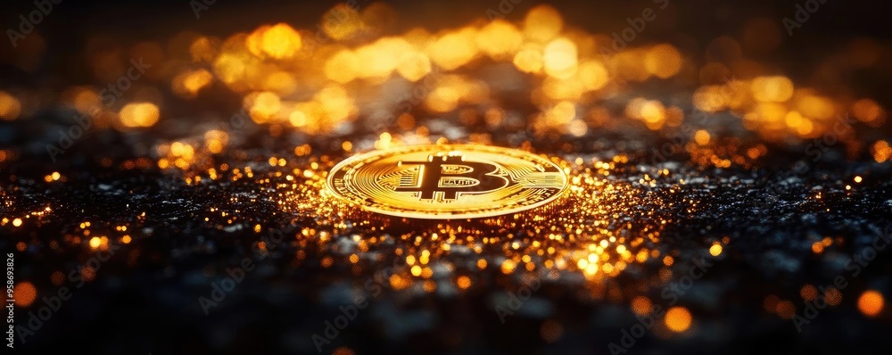 Poster A striking close-up of a glowing Bitcoin coin surrounded by shimmering particles, symbolizing digital wealth and innovation.