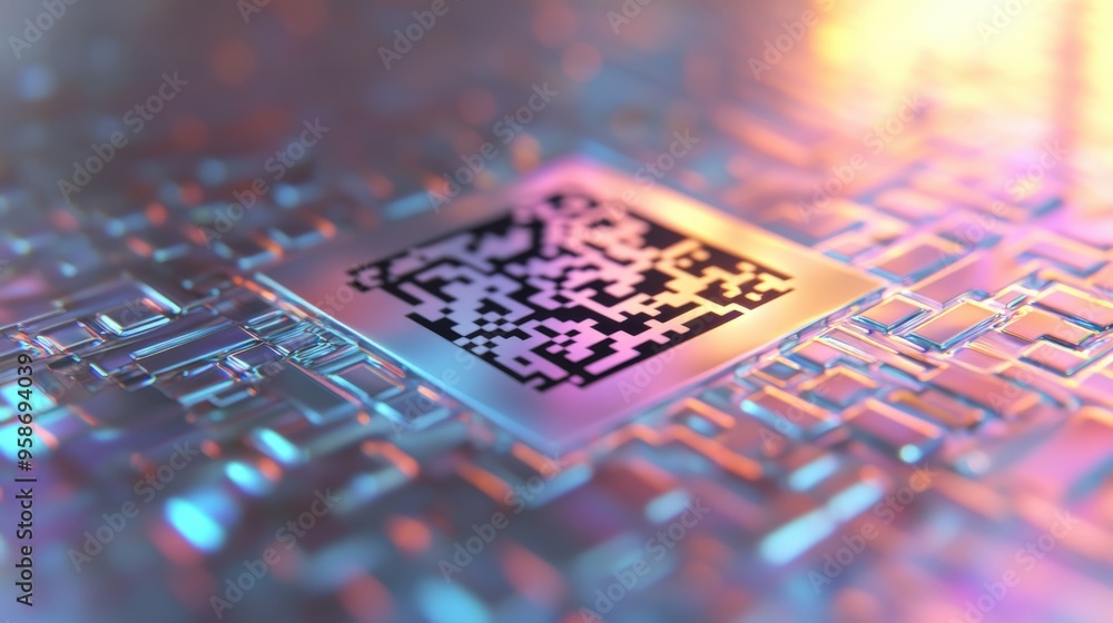 Poster the silver qr code is prominently positioned on a shimmering holographic background, reflecting vari