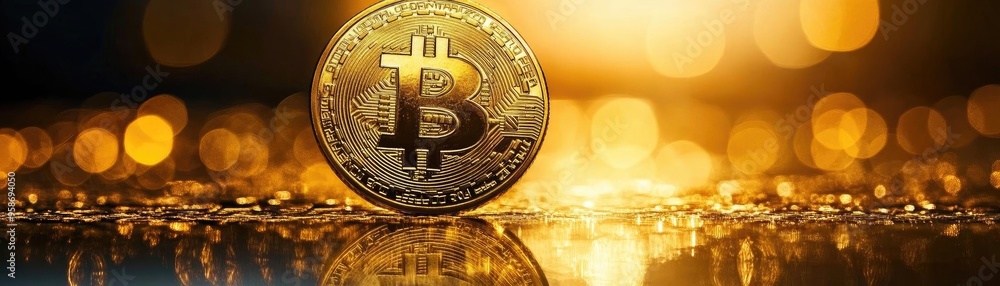 Poster a close-up of a shiny bitcoin against a vibrant golden background, symbolizing digital currency and 