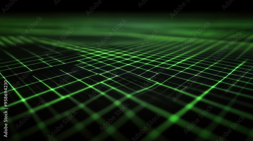 Poster futuristic matte black background with glowing green grid lines and smooth textures: sleek and intri