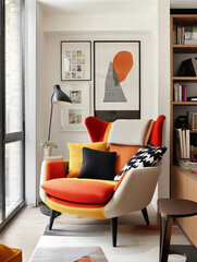 Minimalist, Homes with Armchairs This is the mid century modern interior of the living room. Generative AI
