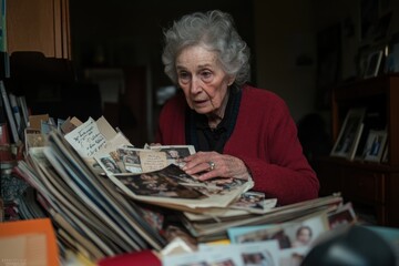 An elderly woman with gray hair in a red sweater intensely examines a family photo album amidst a collection of old pictures and documents, signifying attention to detail and reflection.
