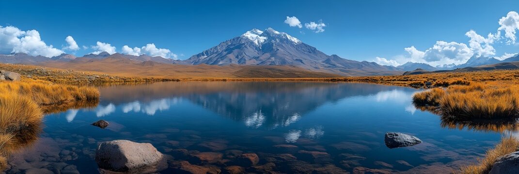 Majestic Ojos del Salado Reflected in Serene Alpine Lake in the Andes of Chile and Argentina