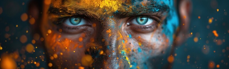 Man with blue eyes and yellow paint on his face, portrait, banner, copy space, holi holiday