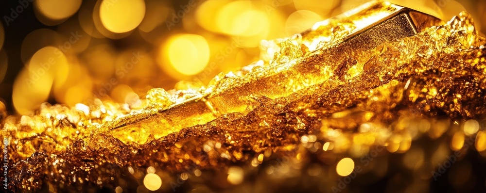 Poster glistening gold bar resting on a sparkling golden surface, capturing the essence of luxury and wealt