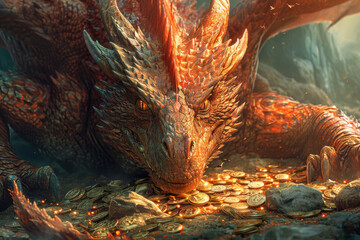 A fantasy scene of a dragon guarding a hoard of Bitcoin, with fiery colors and intricate scales detail
