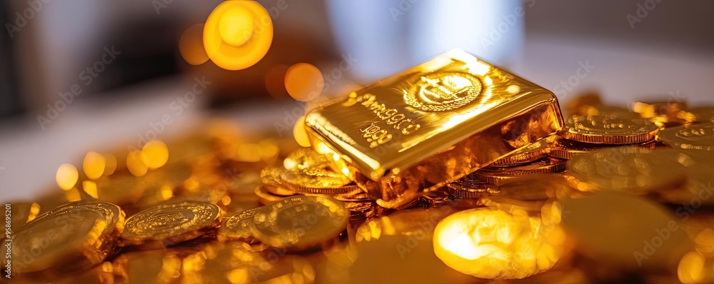 Poster a close-up of a gold bar surrounded by shiny gold coins, symbolizing wealth and prosperity in a luxu