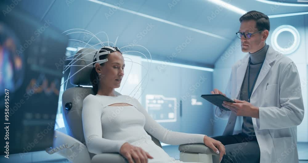 Poster Futuristic laboratory: Female Patient Wearing Headset for a Brain Scan With Advanced Neural Technology, Monitored by a Doctor Using Digital Tabelt. Cognitive Optimization and Neural Disease Research