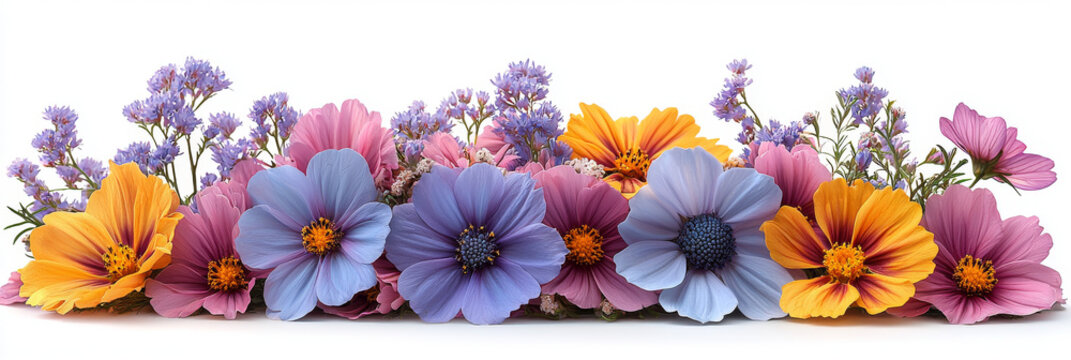 A vibrant mix of pink, blue, and orange wildflowers arranged in a row against a white background.