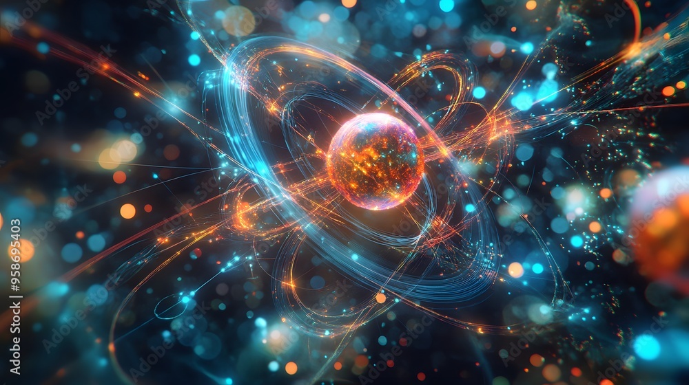 Poster 17. abstract visualization of a nutrient-rich atom with glowing molecular fields