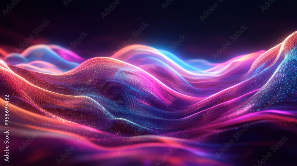Poster a 3d abstract multicolor visualization with vibrant waves and glowing lines, creating a sense of mot