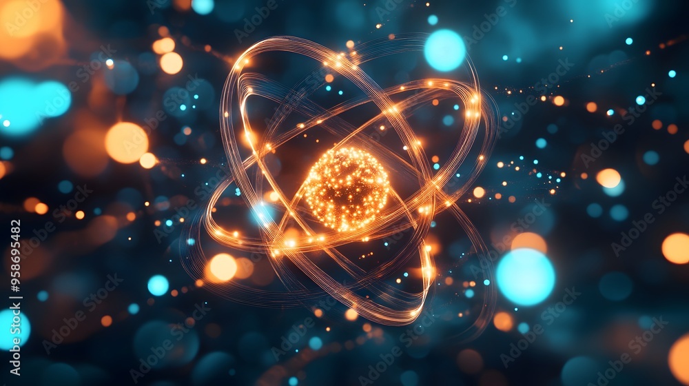 Poster 17. abstract visualization of a nutrient-rich atom with glowing molecular fields
