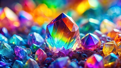 Abstract rainbow crystal background with a mesmerizing gem stone texture captured from an eye level perspective, rainbow, radiant, eye level, luminous, iridescent, translucent, crystal