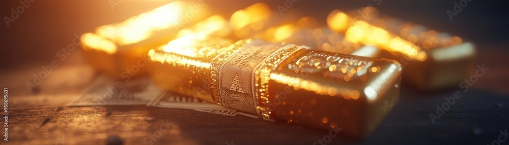 Poster close-up view of shiny gold bars reflecting warm light, symbolizing wealth and luxury in a rich, tex