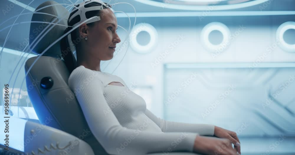Poster Futuristic Laboratory: Female Patient Wearing Headset for an Advanced Brain Scan Using Advanced Neural Technology. High-tech Setting Focuses on Cognitive Enhancement Sci-fi Concept