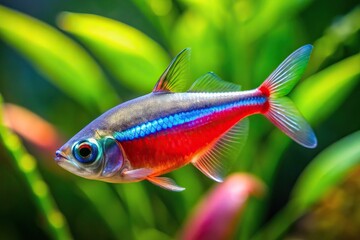 Fototapeta premium aquatic, A close up shot of a colorful isolated Neon Tetra Paracheirodon innesi freshwater fish swimming gracefully in a wide angle view creating a vibrant and captivating image