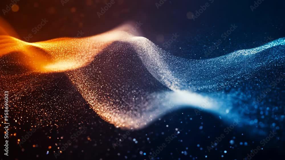 Poster a a dynamic wave of light particles in warm orange and cool blue hues. soft bokeh adds depth, ideal 