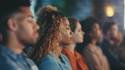 Obraz premium A group of people are sitting in a room, some of them are looking at a screen