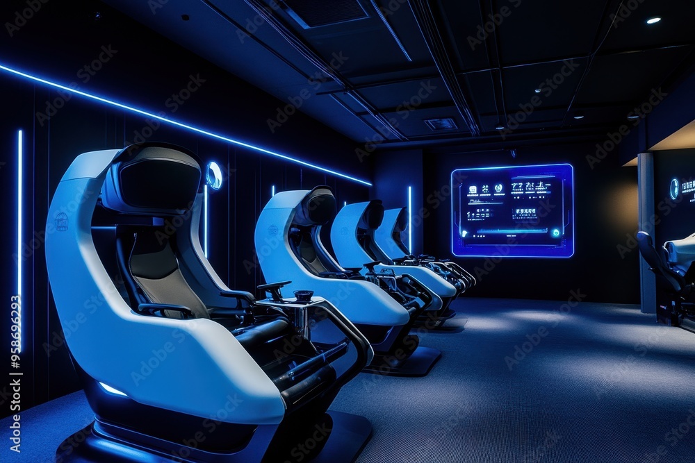 Aufkleber futuristic seating area with high-tech chairs and interactive display for immersive experiences.