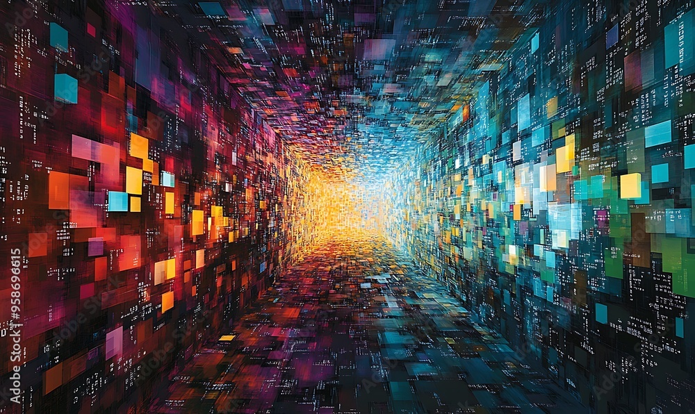 Poster abstract digital tunnel with colorful blocks and glowing light