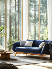 Minimalist, modern mid century modern interiors in the living room with blue sofas. Generative AI
