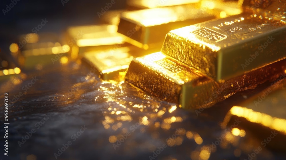 Poster a close-up of gleaming gold bars, reflecting light and resting in shimmering water, symbolizing weal