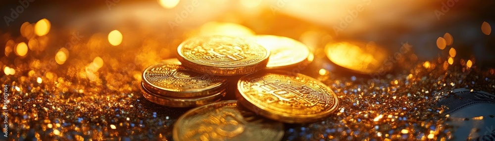 Poster golden coins scattered on a reflective surface, illuminated by warm light, creating a luxurious and 