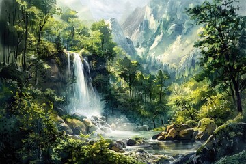 Mystical Forest Cascade. Hand-painted Watercolor Artwork of Scenic Waterfall in Lush Greenery