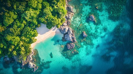 Aerial View of Tropical Island with Turquoise Waters and Lush Vegetation