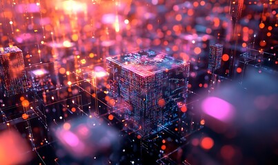 Obraz premium Abstract Digital Cityscape with Neon Lights and Cubes