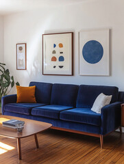 Minimalist, modern mid century modern interiors in the living room with blue sofas. Generative AI
