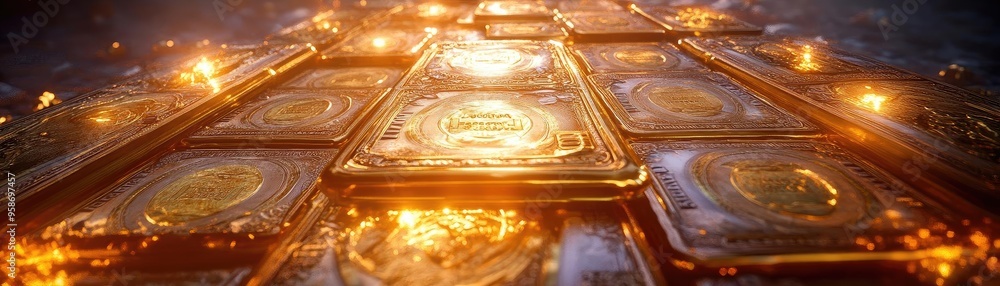 Poster a dynamic abstract image featuring glowing golden tiles, creating a lively and futuristic atmosphere