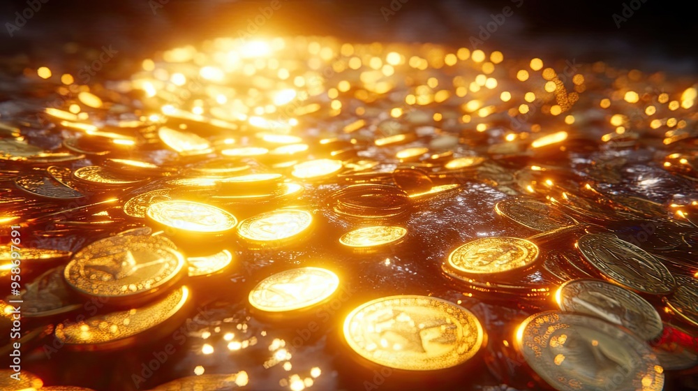 Poster A shimmering pile of coins reflecting warm light, creating a mesmerizing display of wealth and abundance.