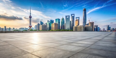 architecture, urban, background, long shot, pattern, contemporary, Shanghai, modern, building, floor, perspective, texture, city, Empty brick floor with a modern building in Shanghai China