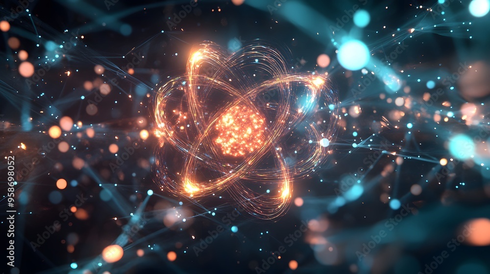 Poster 20. futuristic visualization of an atom embedded in a glowing, nutrient-rich molecular network