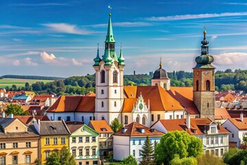 Obraz premium Church tower in Jindrichuv Hradec a historical town in Bohemia Europe seen from a distance, landmark, Gothic, tourism, outdoors, architecture, Czech Republic, medieval, famous
